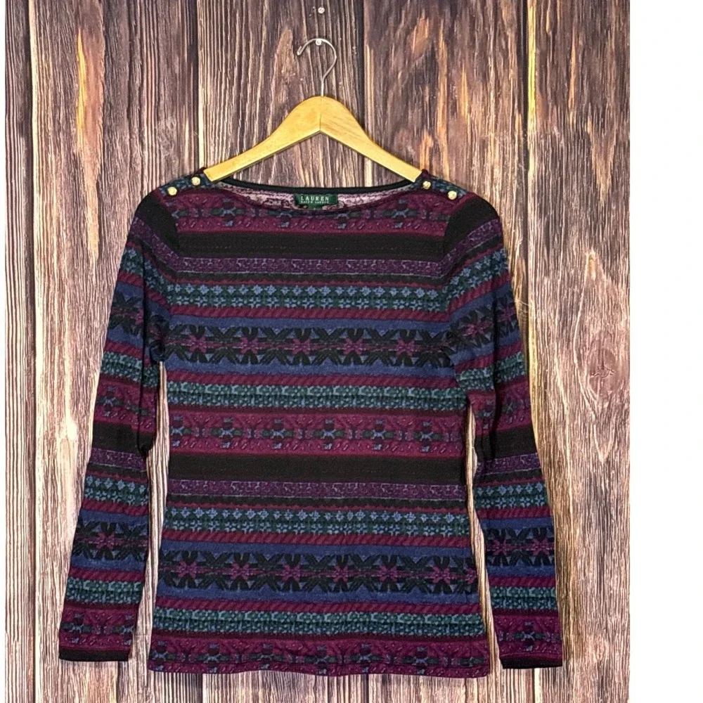 Lauren Ralph Lauren Sweater Womens Large Multicolor Boat Neck Pullover Top